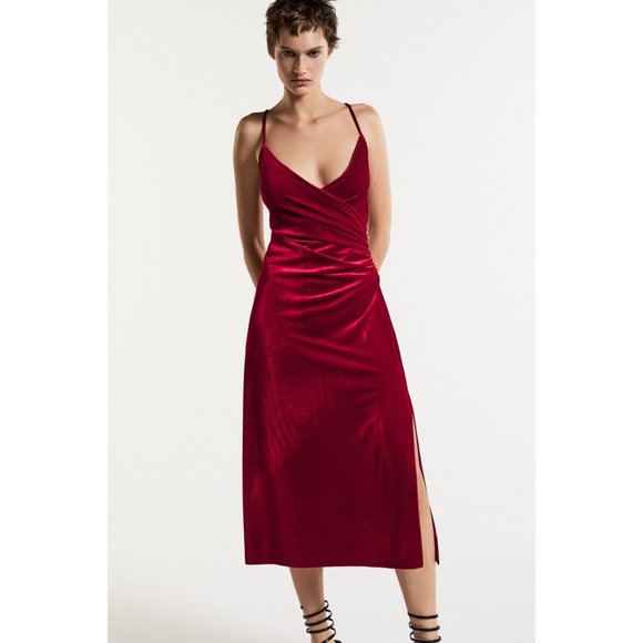 Zara Dresses Zara Pleated Red Velvet Midi Sleeveless Dress Size